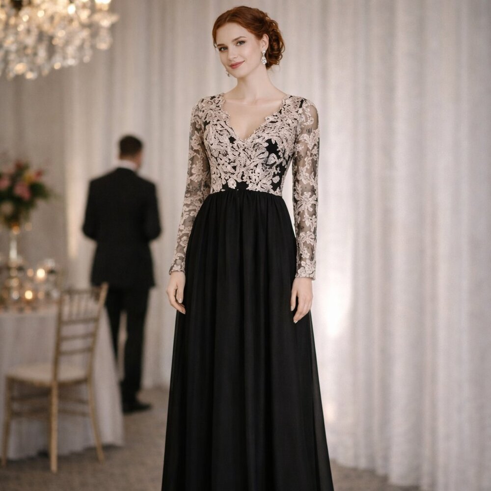 Soieblu Maxi Dress Black & Champagne Lace Dress Sheer Overlay M